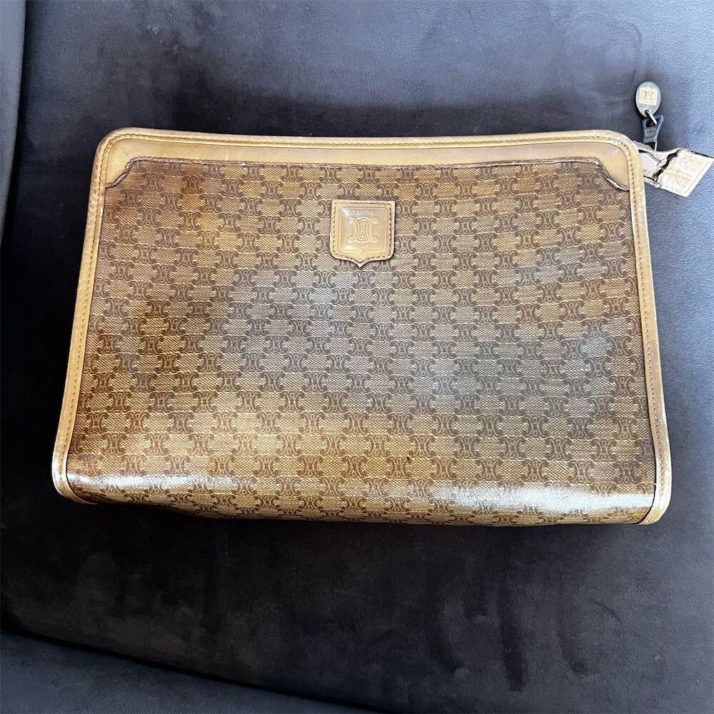 Celine Vintage Macadam Canvas Clutch Bag Beige Women's Handbag